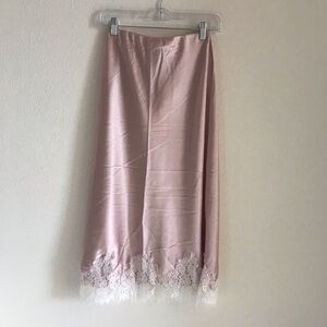 Blush Pink Lace Hem Satin Midi Skirt